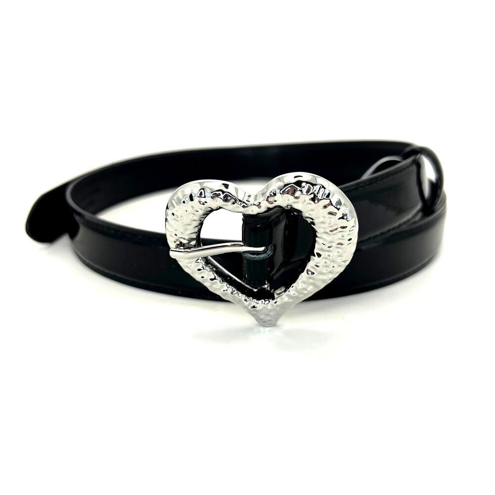 Black Suede Studio Patent Leather Belt Silver Hammered Heart Buckle NEW Medium